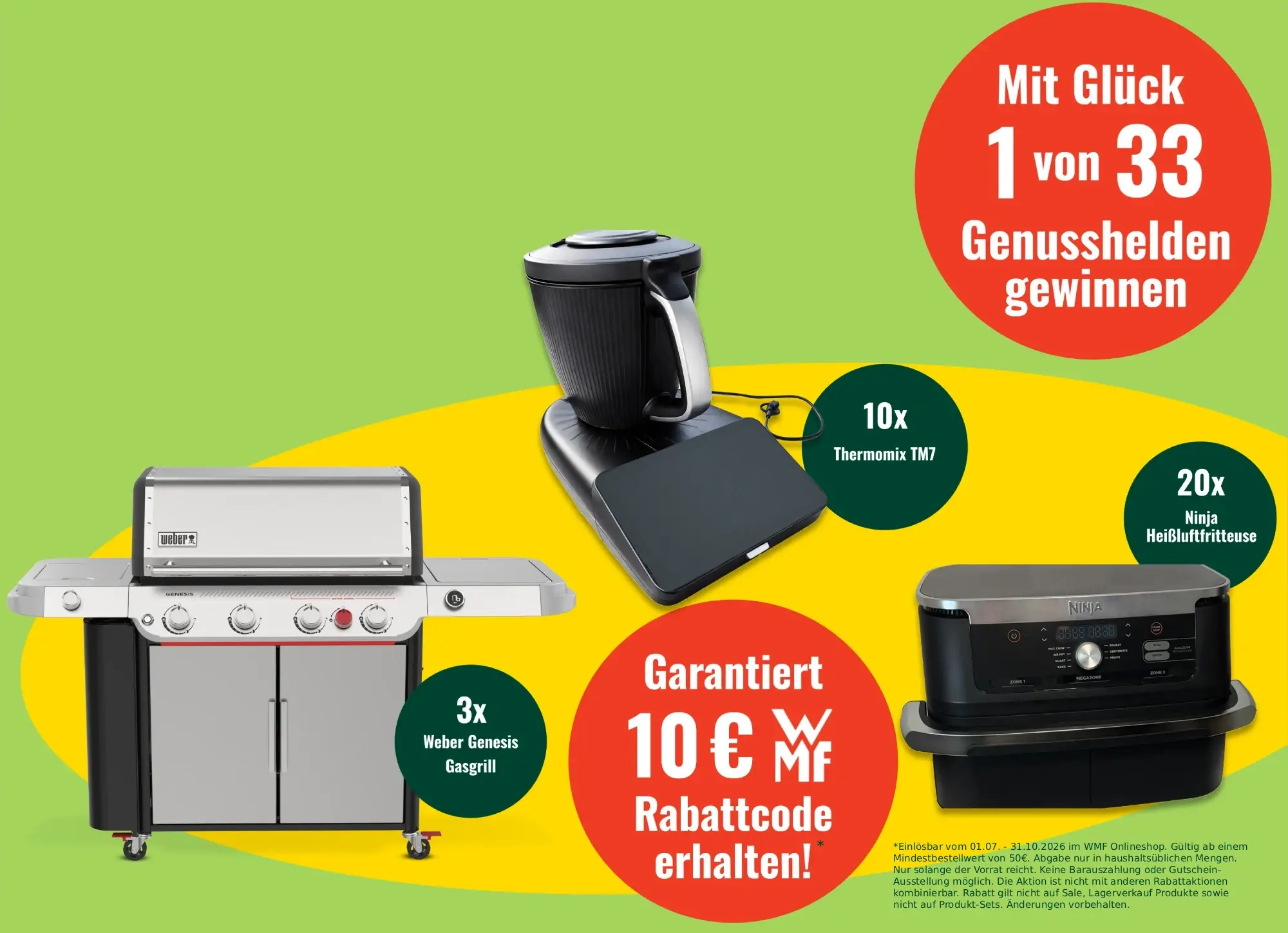Gewinne: 3x Weber Genesis Gasgrill, 10x Thermomix TM7, 20x Ninja Heißluftfritteuse und garantiert ein 10 € WMF-Rabattcode – mit Glück 1 von 33 Genusshelden gewinnen